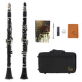 Black bakelite beginner clarinet with 17 nickel-plated keys next to its included carrying bag.