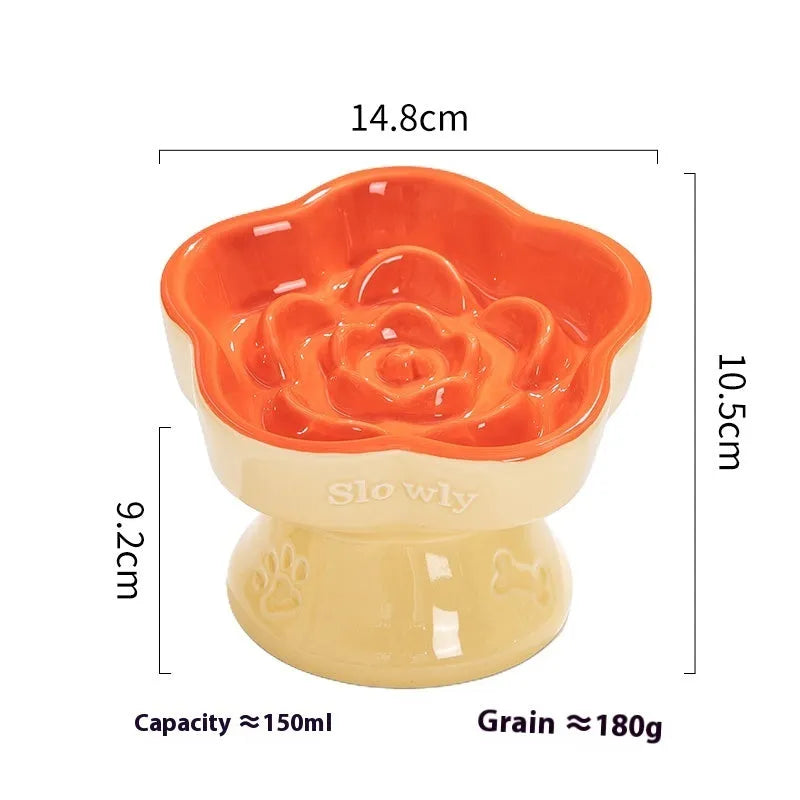 High-foot ceramic pet bowl with chin protector and anti-tumble base design