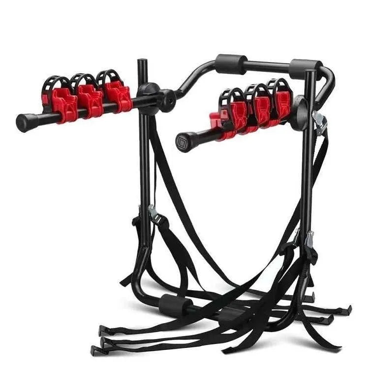 Black and red car boot mounted bike rack with iron frame and dual securing options