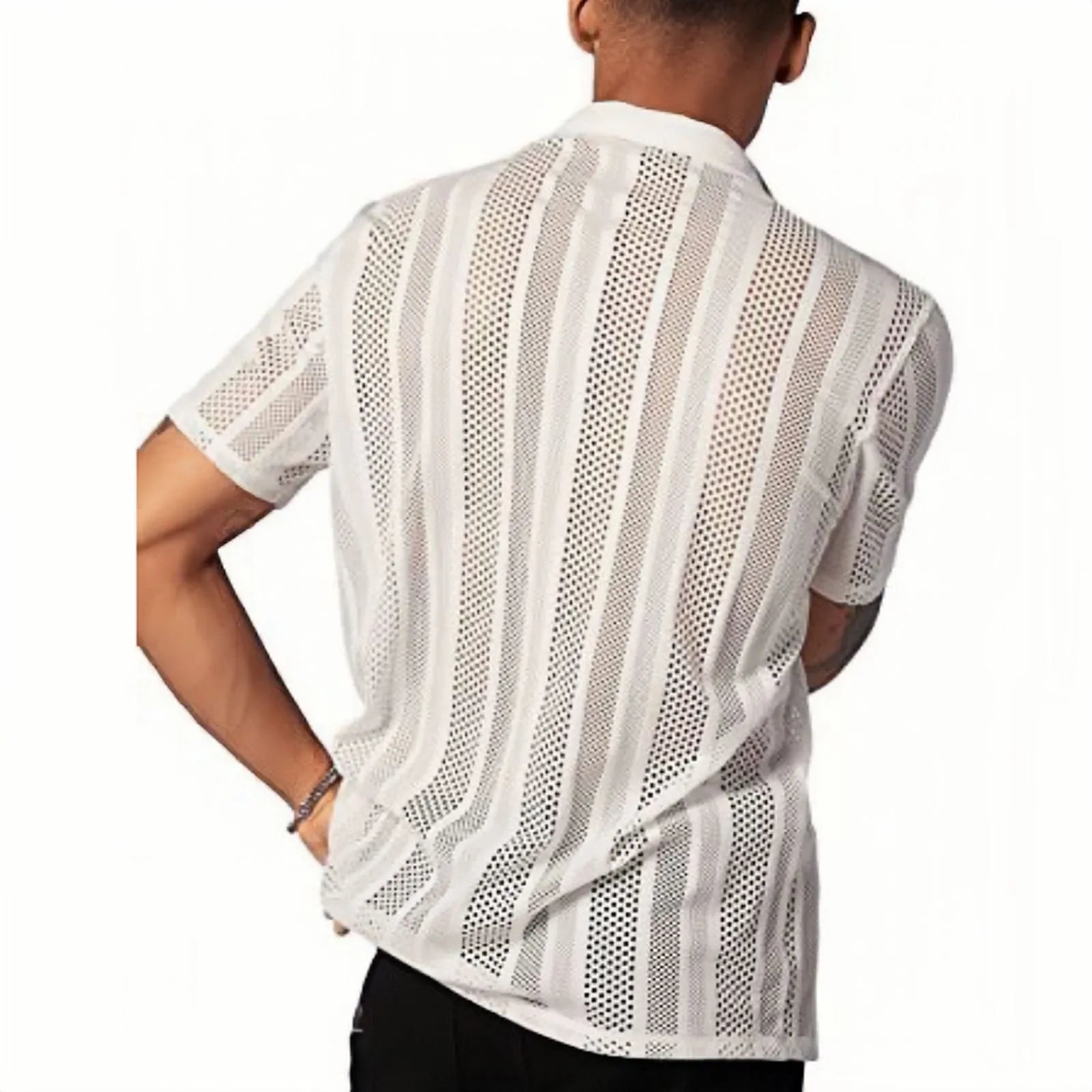 Men's black knitted short-sleeved button-up shirt with jacquard texture and cardigan style on a white background.