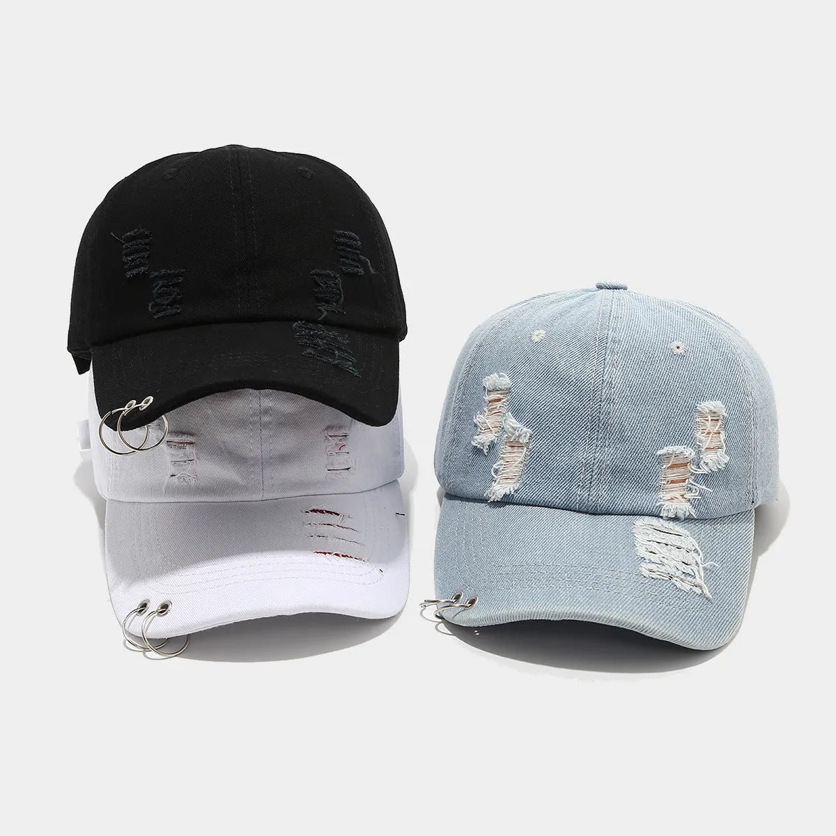 Men's adjustable denim peaked cap in street style with dome crown