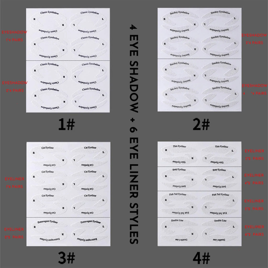 Set of four reusable flexible eyeliner and eyeshadow makeup stencil stickers on a pink background.