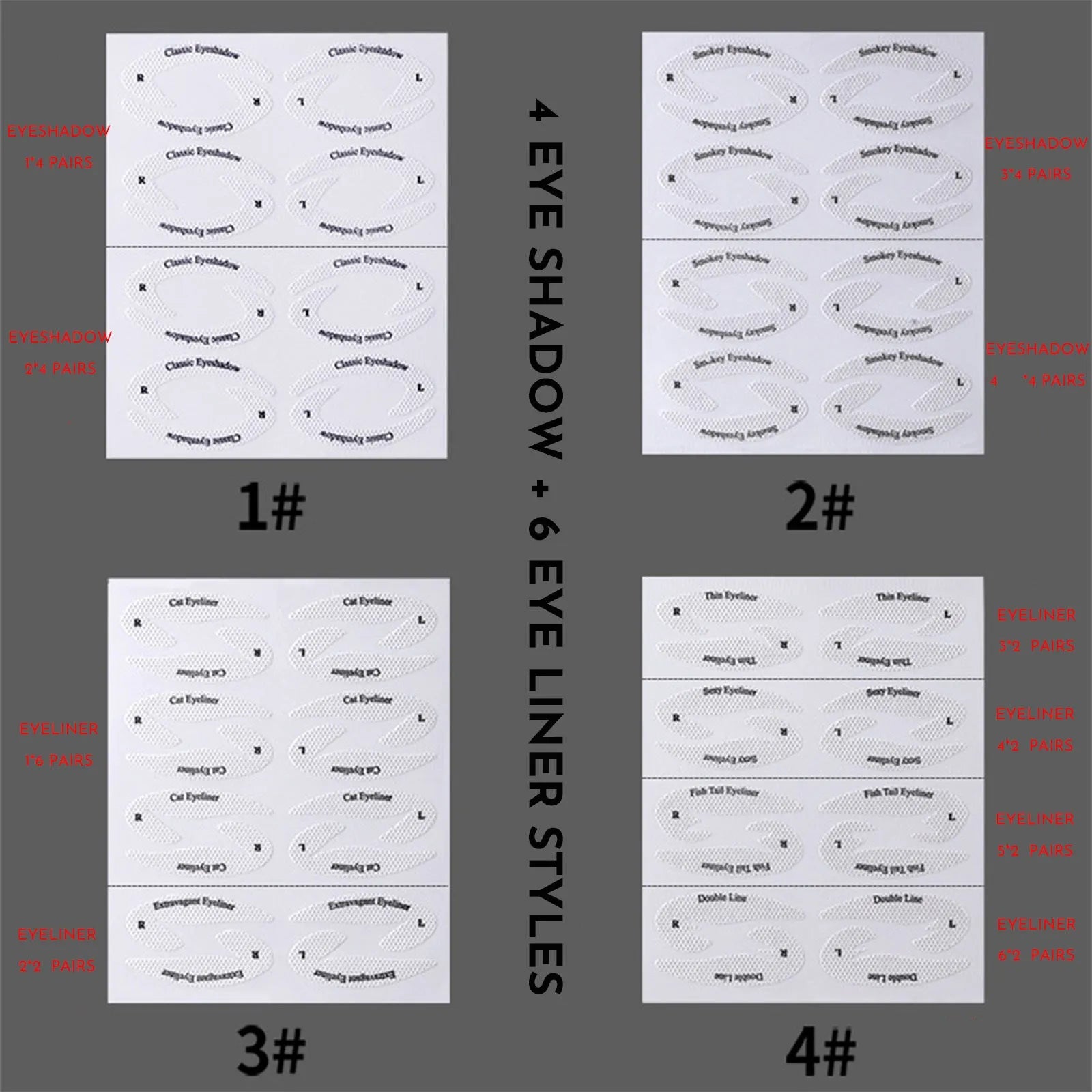 Set of four reusable flexible eyeliner and eyeshadow makeup stencil stickers on a pink background.