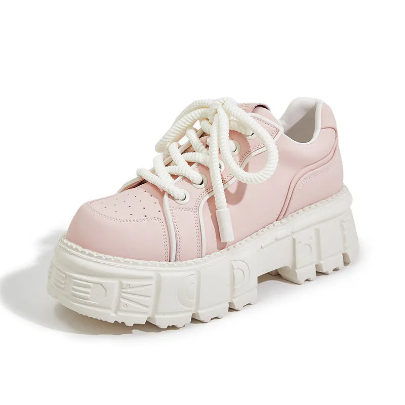 Women's beige and pink casual leather shoes with a height-increasing sole.