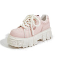 Women's beige and pink casual leather shoes with a height-increasing sole.