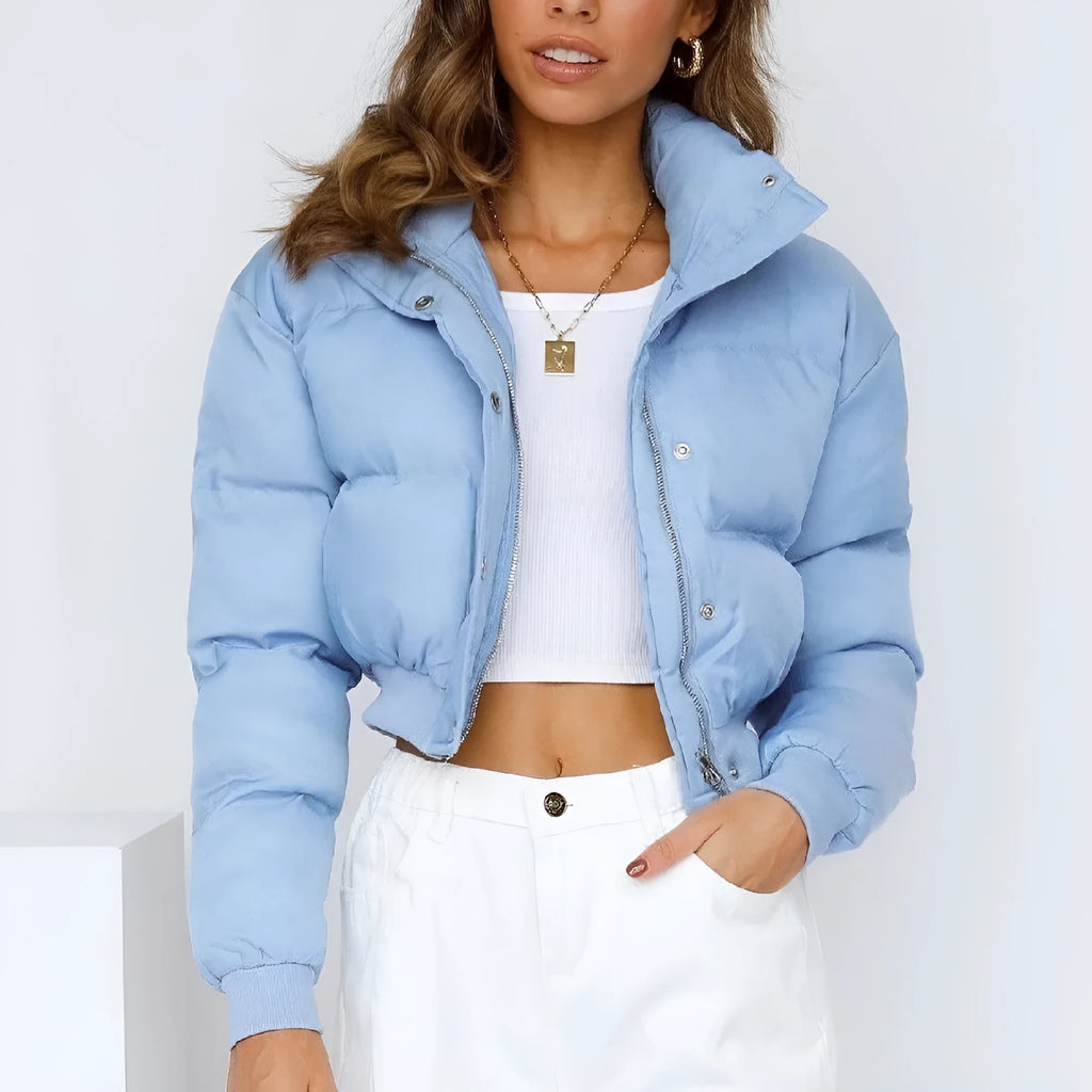 Women's loose blue polyester jacket with long sleeves and regular fit