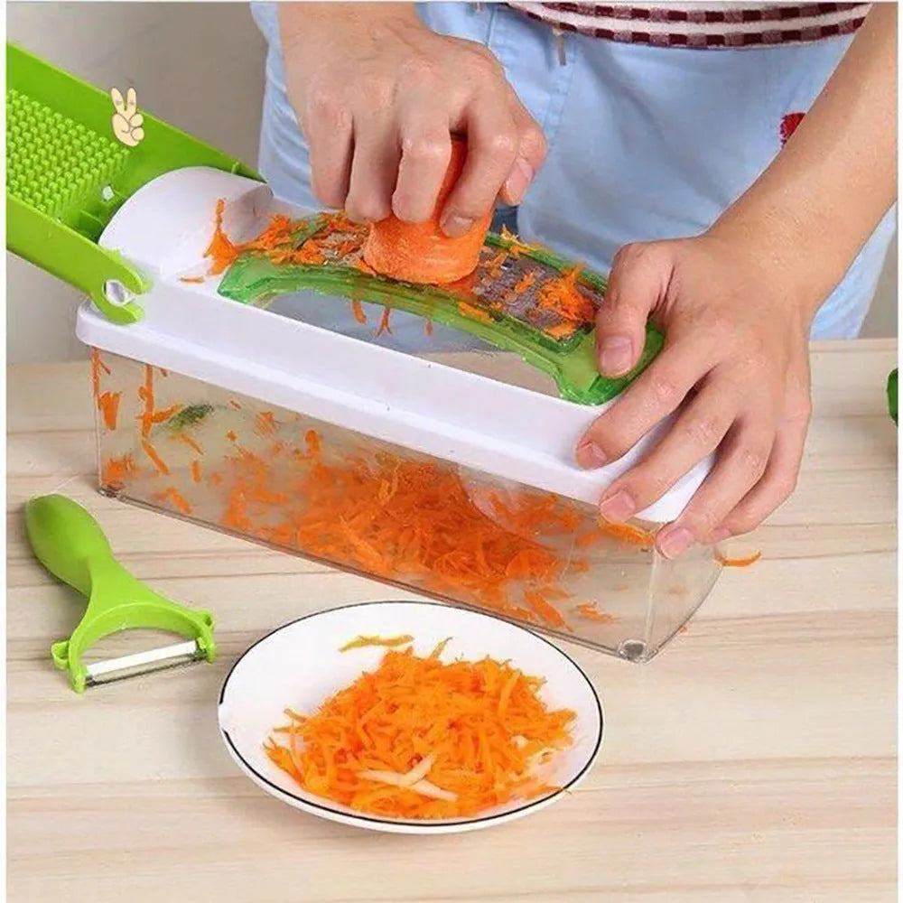 Green 12-piece manual vegetable chopper set with stainless steel blades and multiple attachments