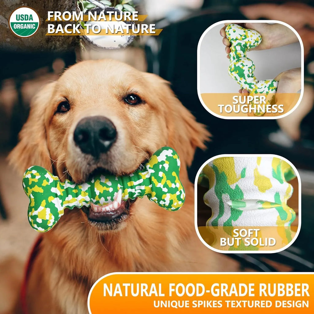 Green, white, and yellow camouflage pattern natural rubber bone-shaped dog chew toy