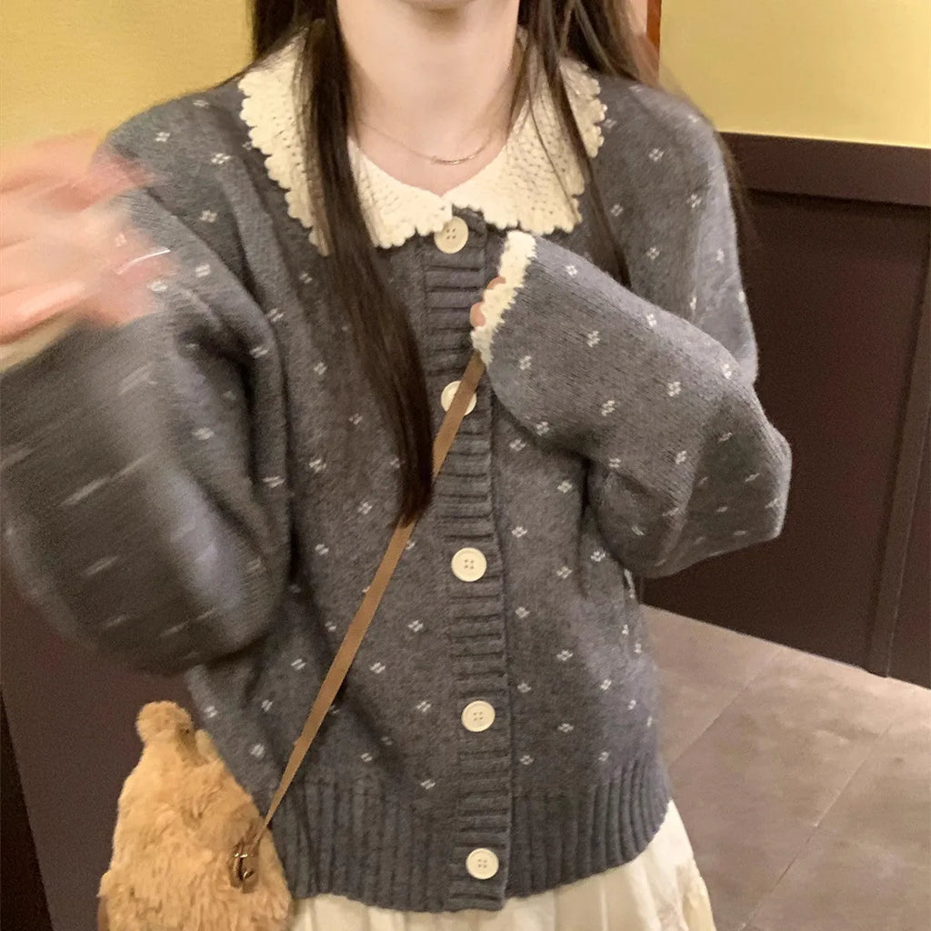 Women's knitted cardigan coat with Peter Pan collar in navy blue, apricot, or grey colours