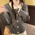 Women's knitted cardigan coat with Peter Pan collar in navy blue, apricot, or grey colours