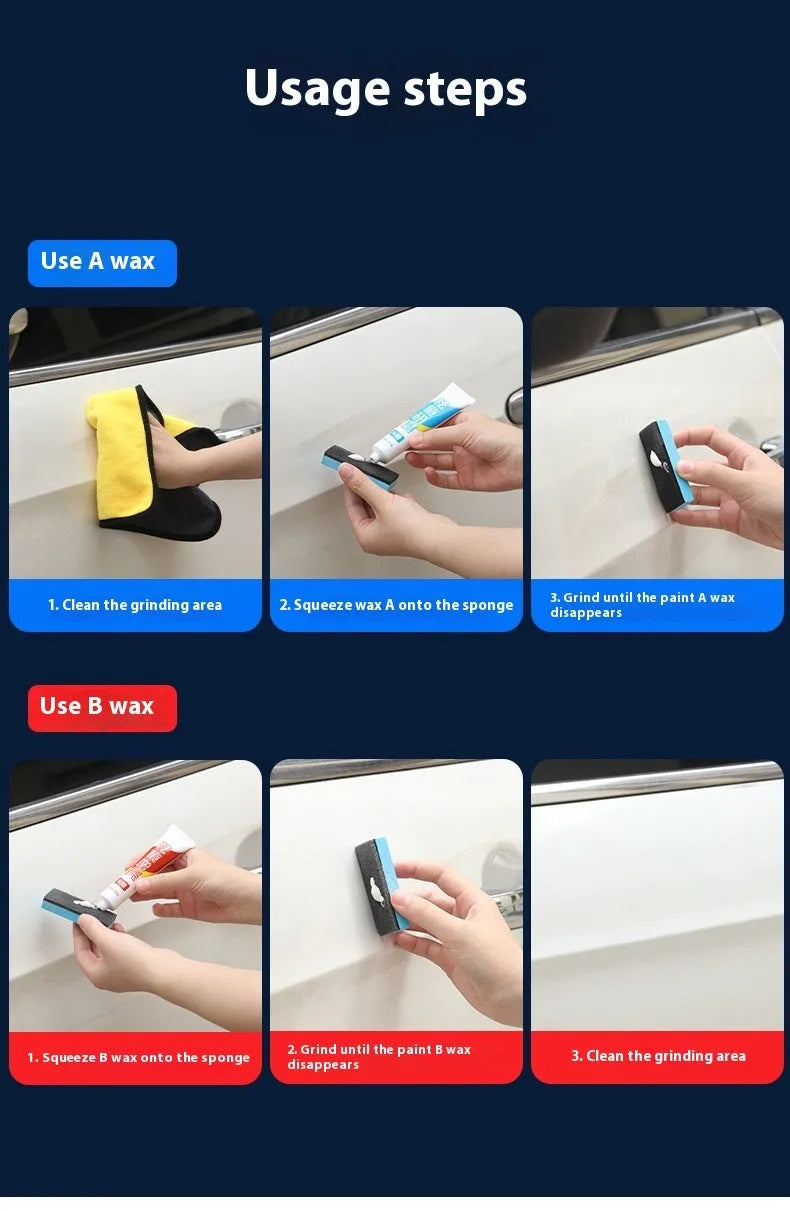 Car repair wax kit containing scratch removal compound, brightening wax, and frosted polishing sponge