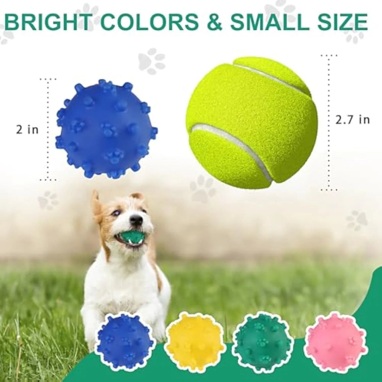 Bright coloured spiked squeaky balls for small dogs on grass
