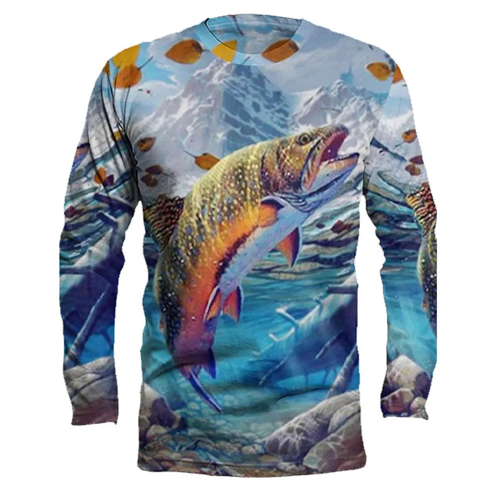 Man wearing a long sleeve grey pullover top with a printed fish design on the chest.