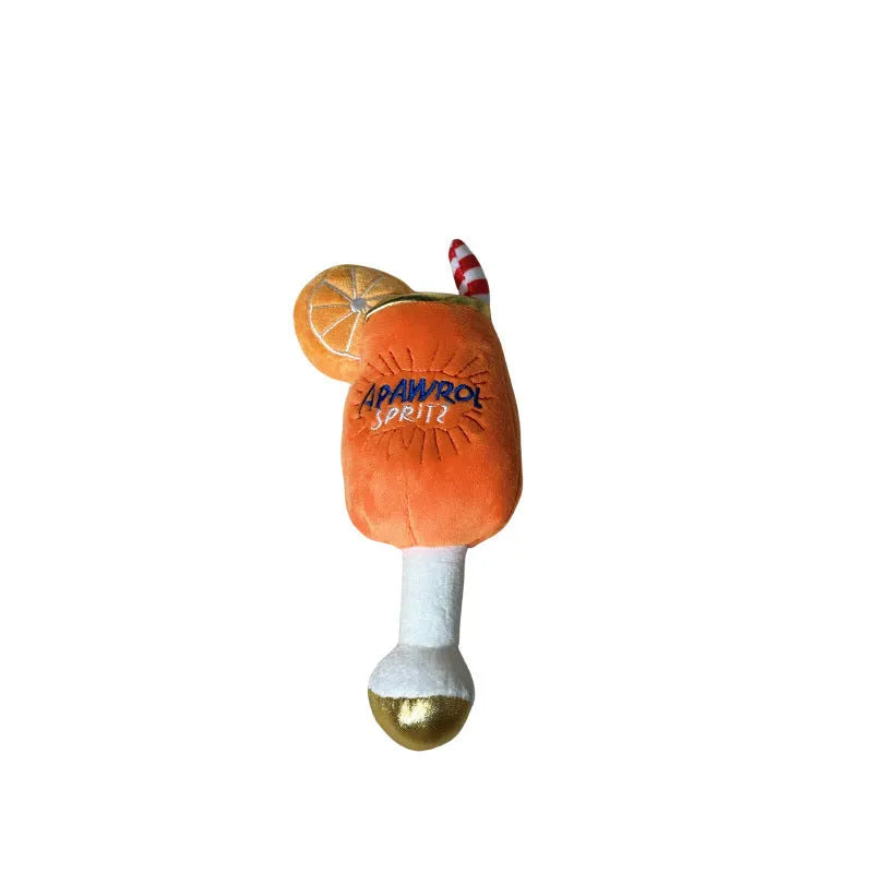 Yellow beer bottle squeaky dog toy with plush construction measuring 7x2.5x5cm