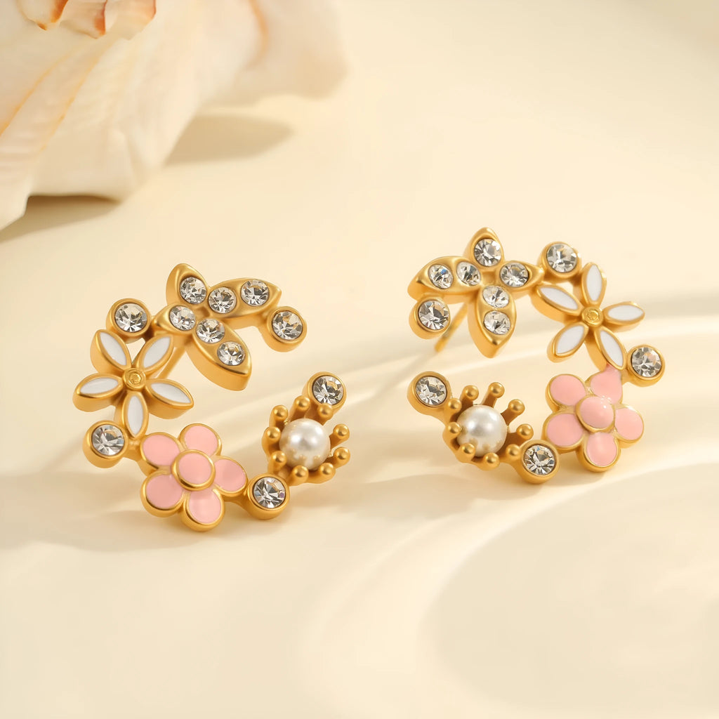 Colourful flower stud earrings with petal design on stainless steel posts