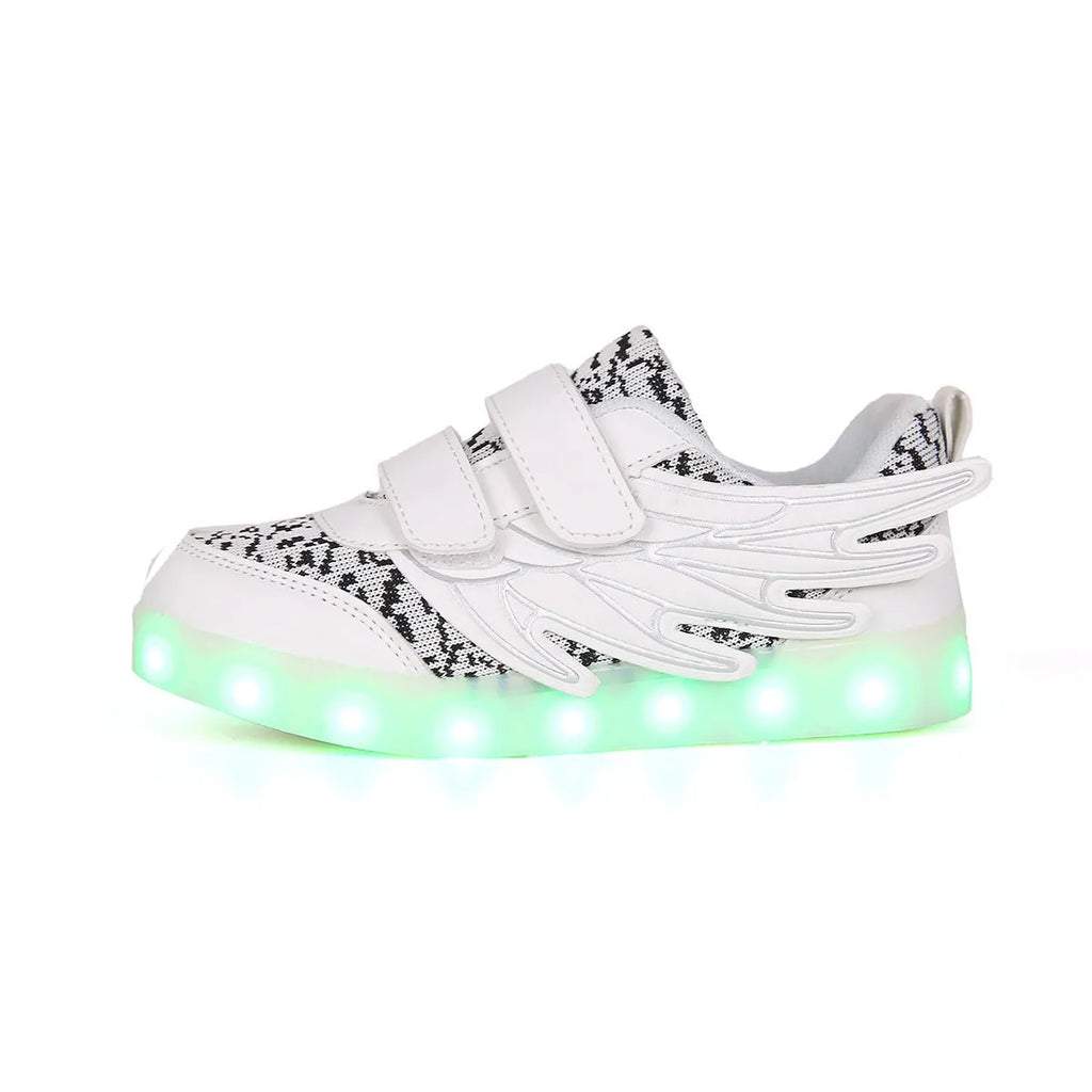Children's plum red and white USB-rechargeable light-up sneakers with colourful LED lights.