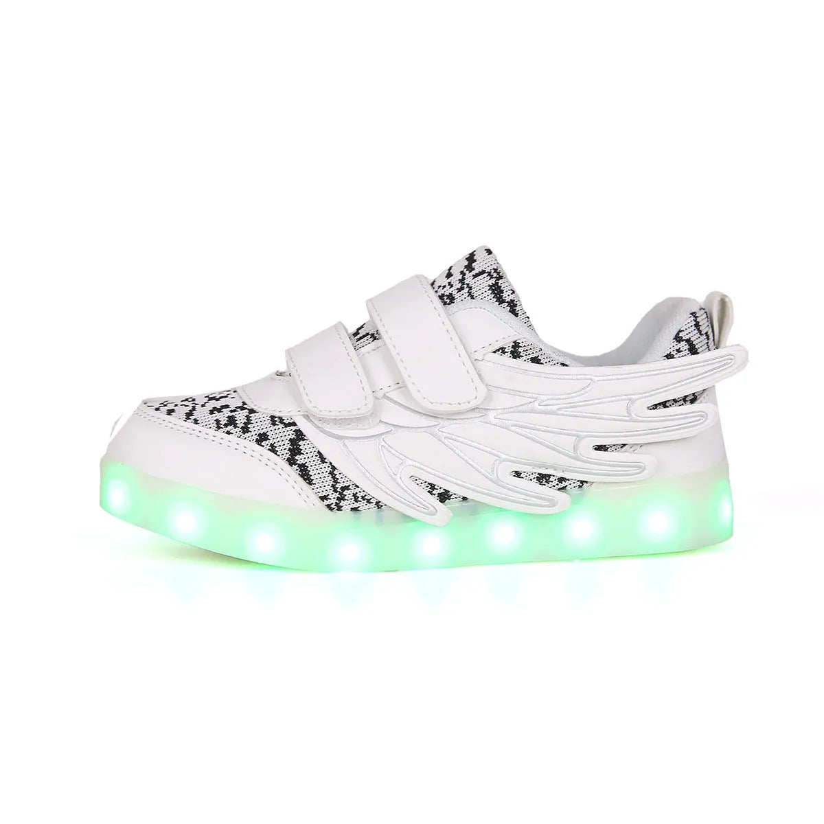 Children's plum red and white USB-rechargeable light-up sneakers with colourful LED lights.