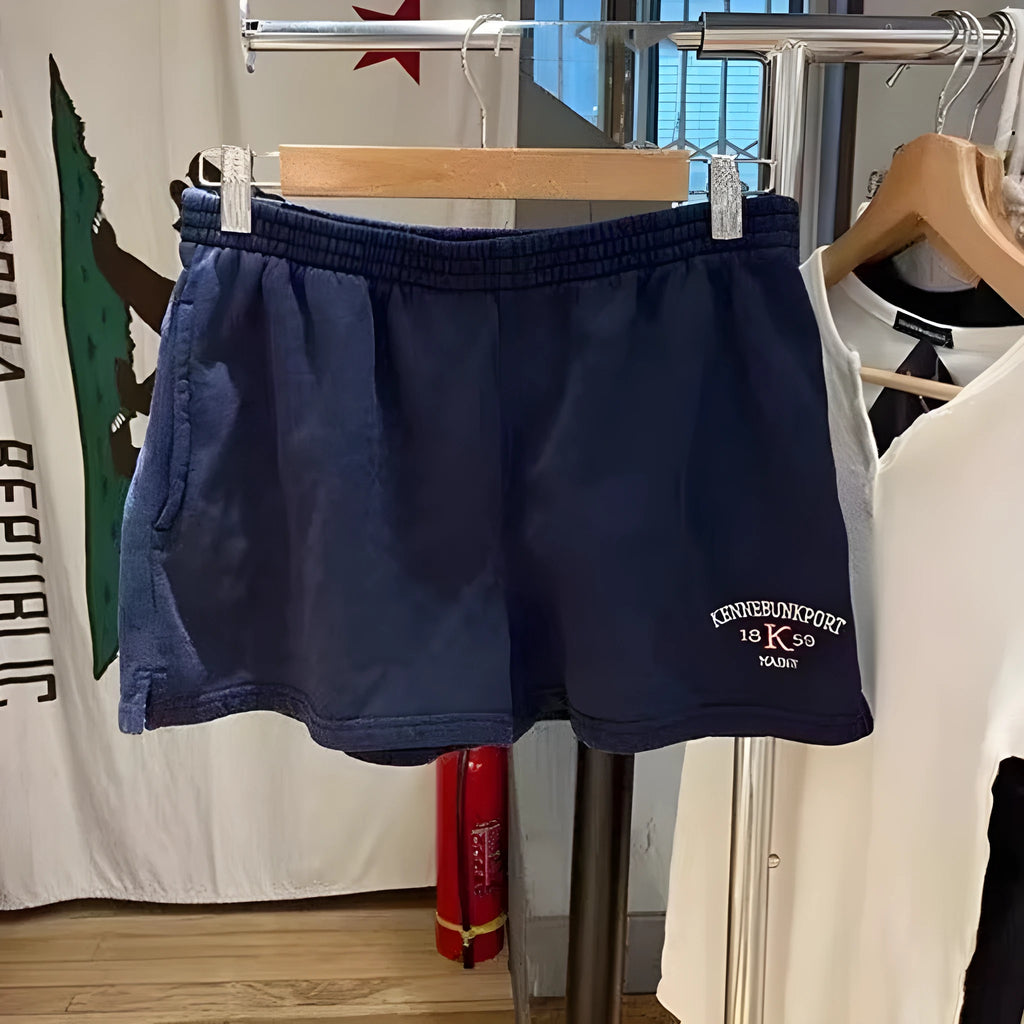 Women's dark blue cotton high top sports shorts with white flag embroidery
