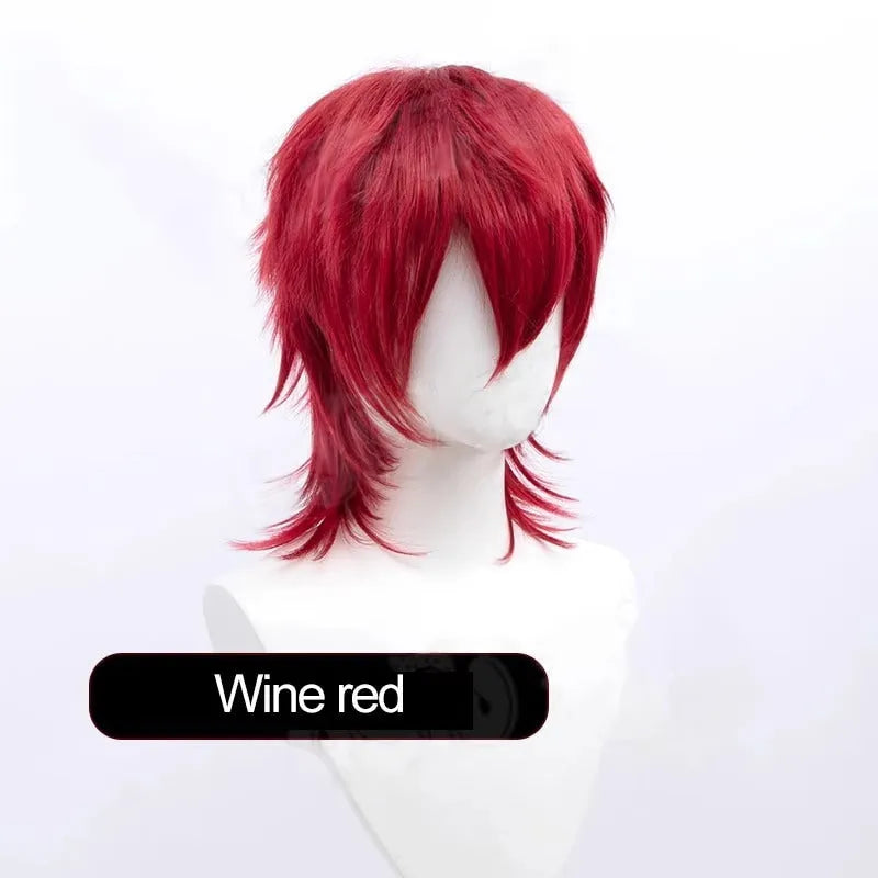 Short black and red anime cosplay wig for men with a lengthened hair tail.