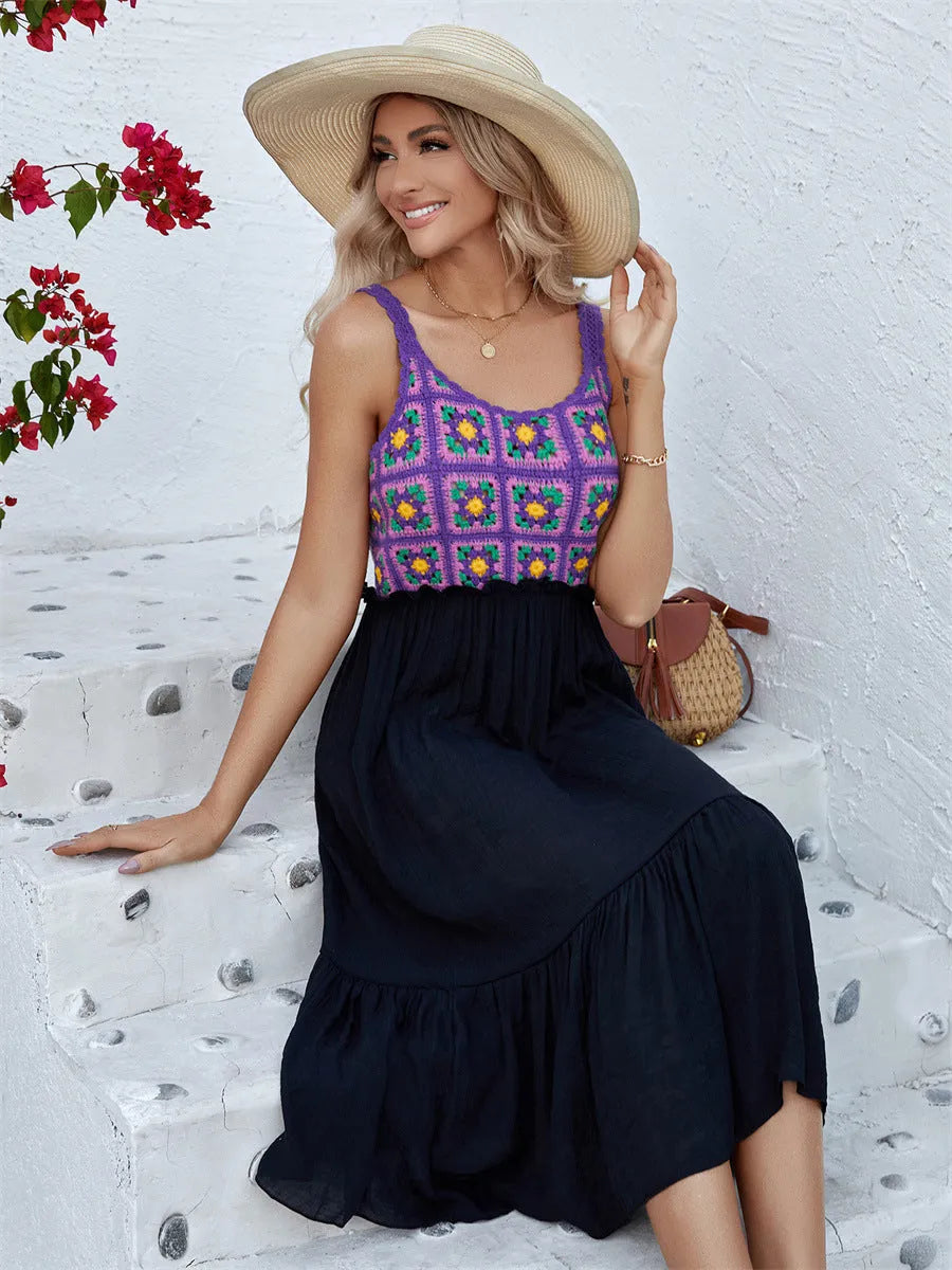 Purple sleeveless dress with hand-hooked flower stitching on cotton blend fabric