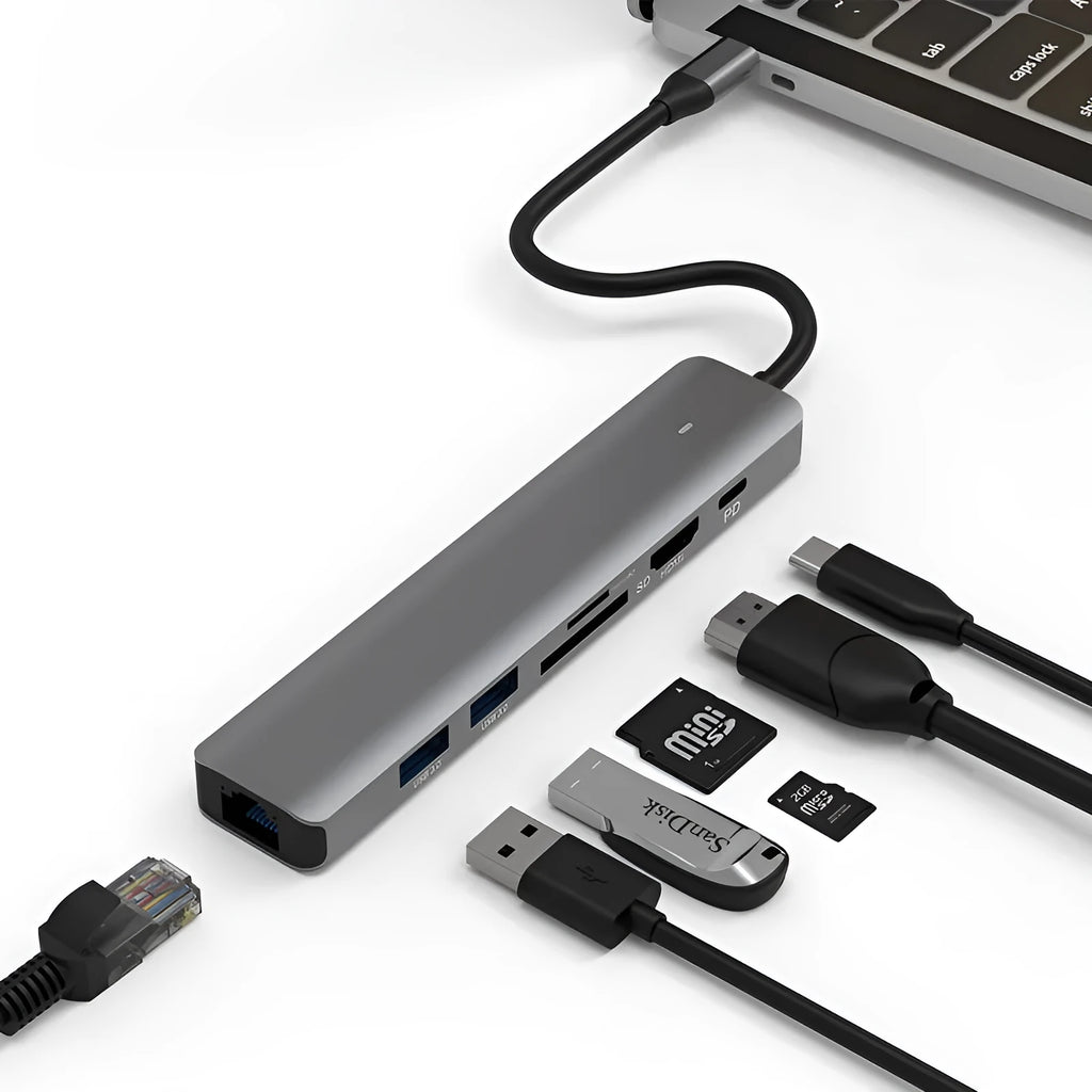 LQT-LH07 7-in-1 USB-C computer hub with card reader slots and HDMI port
