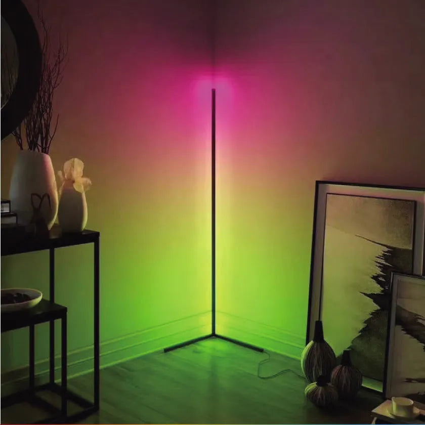 Black smart floor lamp with aluminium alloy body and silicone shade showing RGB lighting effects