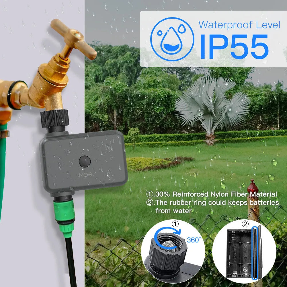 Bluetooth smart garden irrigation timer attached to an outdoor tap with a hose connector.