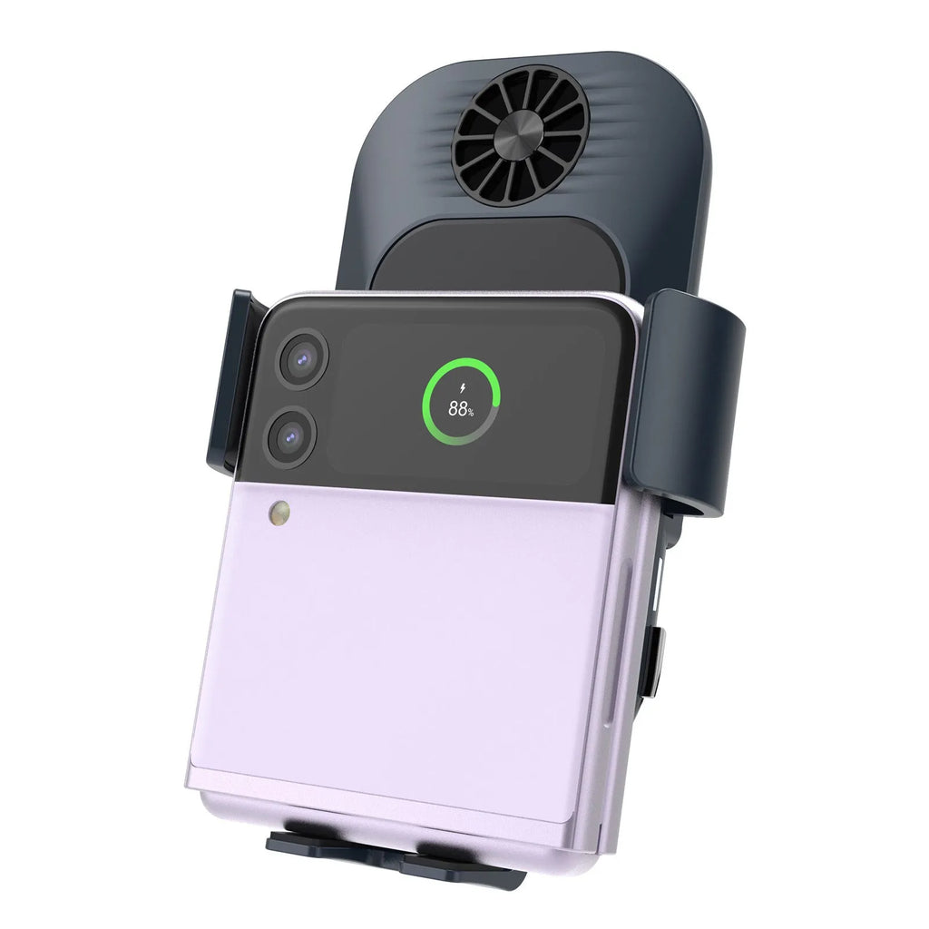 C35 grey car wireless charger phone holder mounted on air vent with automatic clamping arms and Type-C cable.