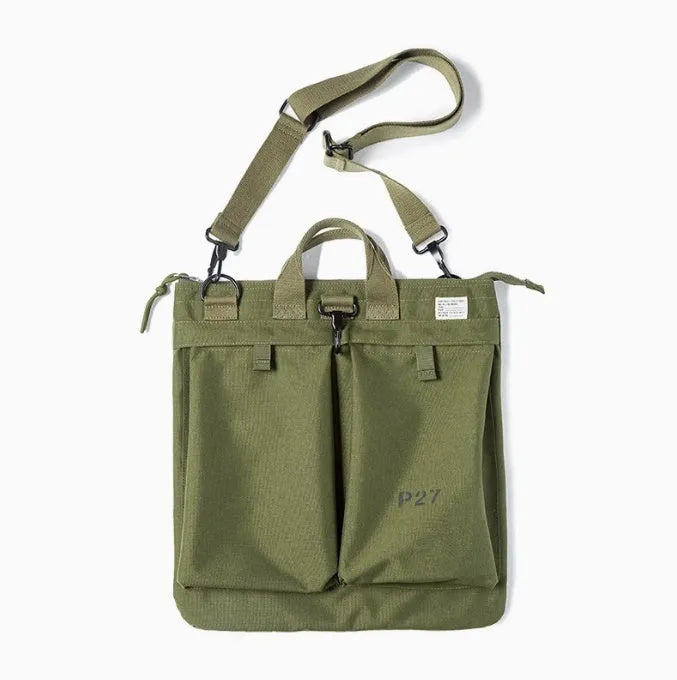 Retro canvas crossbody bag with helmet storage compartment and hard handle