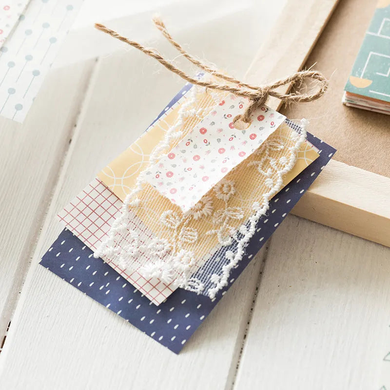 Pack of 50 retro collage design note papers in dessert-themed colours, each sheet 56mm by 83mm.
