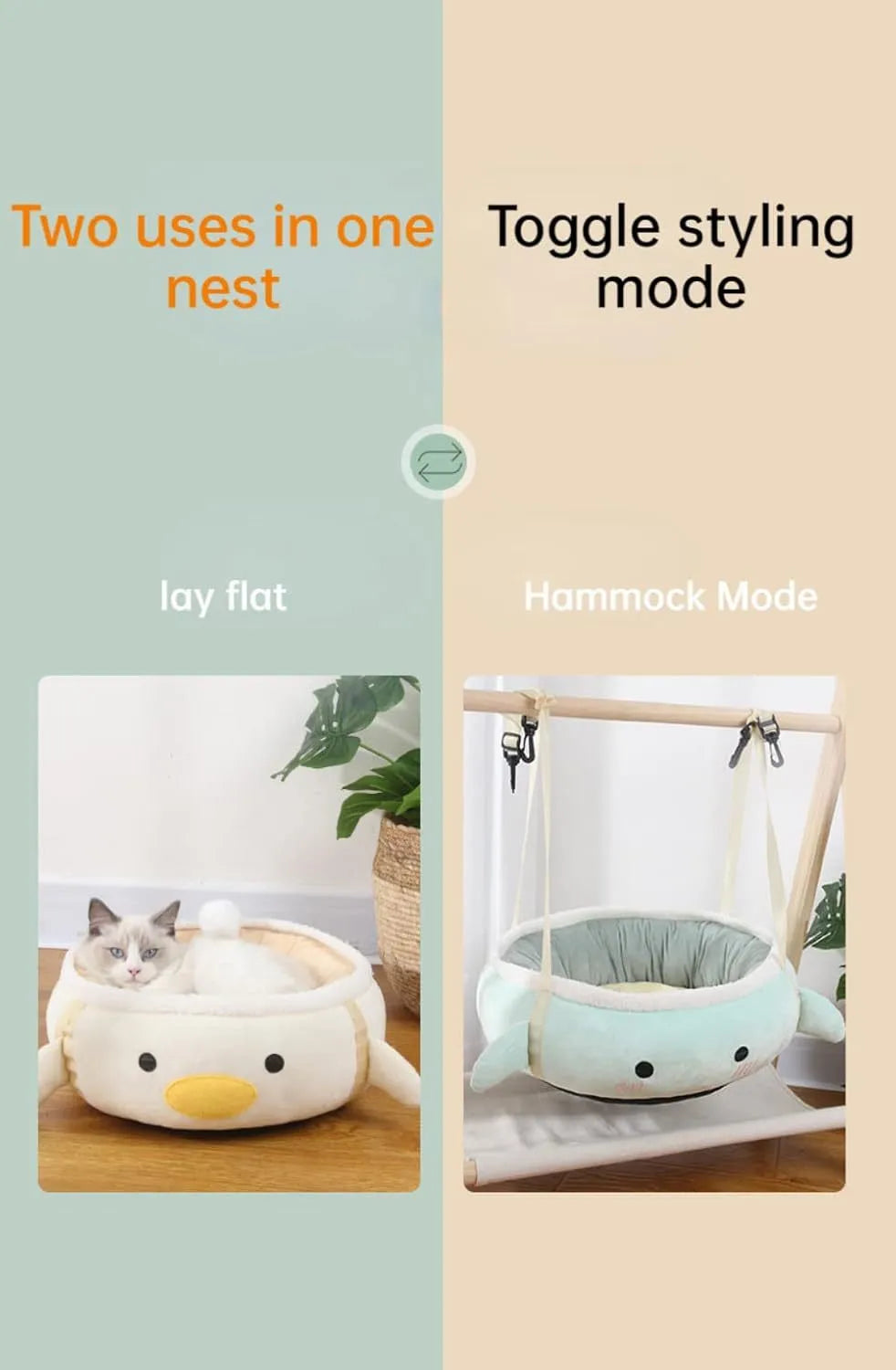 Green dinosaur and chick shaped cat bed that can be used flat or hung as a hammock