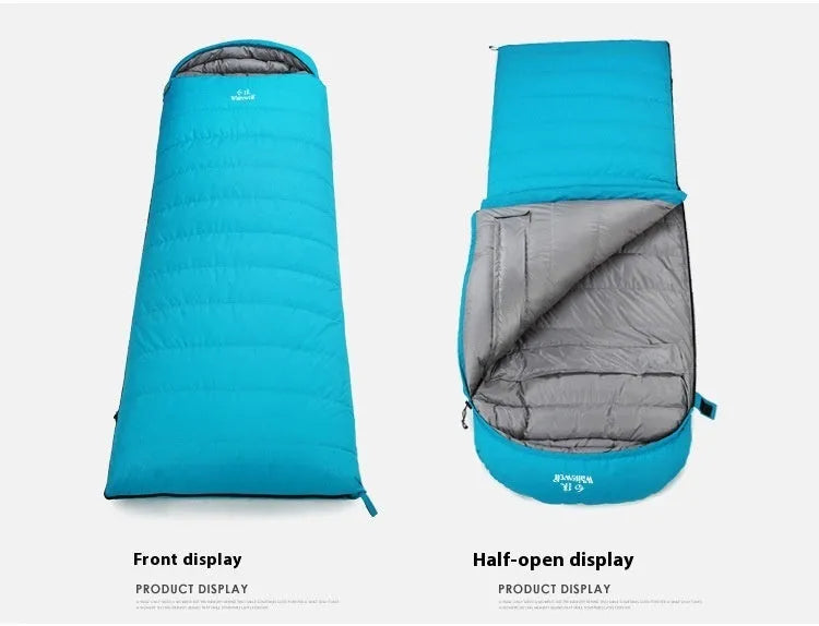 Black outdoor sleeping bag with envelope structure and goose down fill on a campsite.