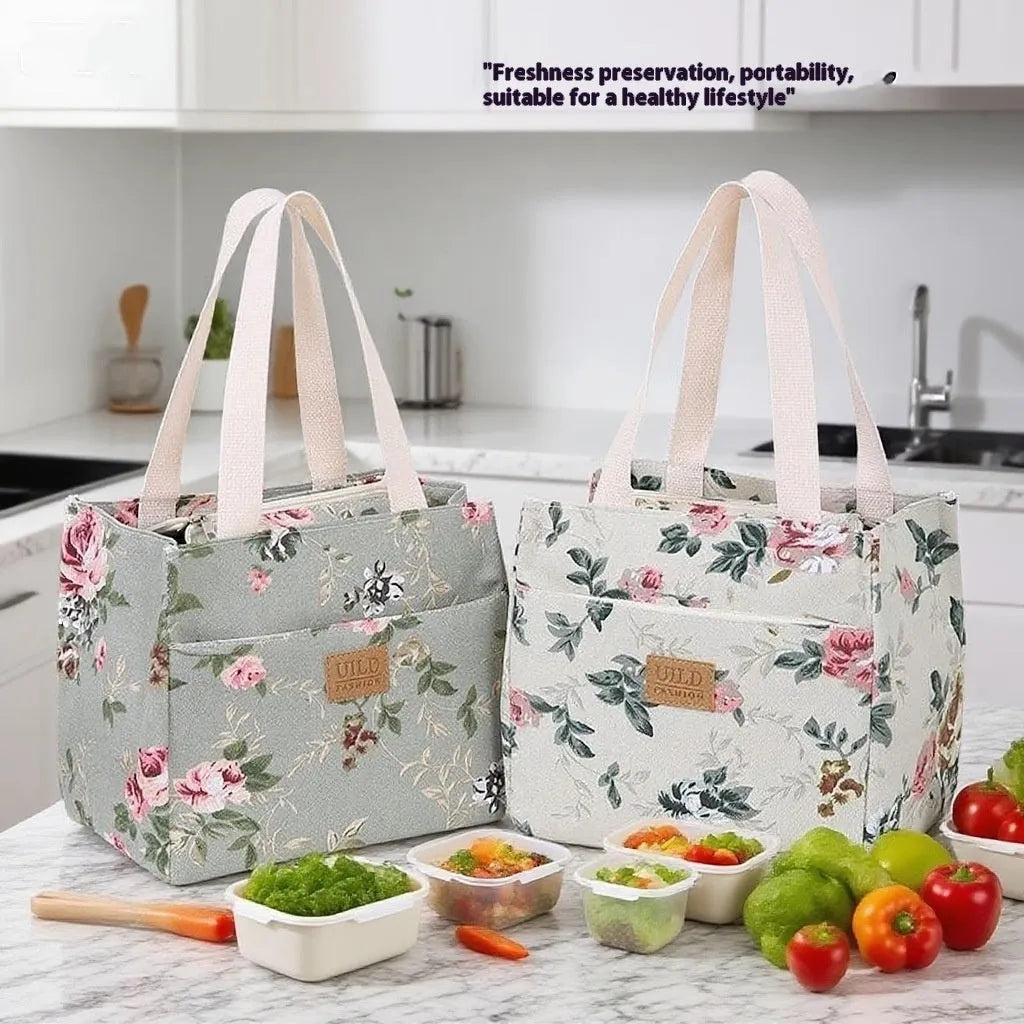 Women's portable printed canvas bag with aluminium frame in horizontal square shape