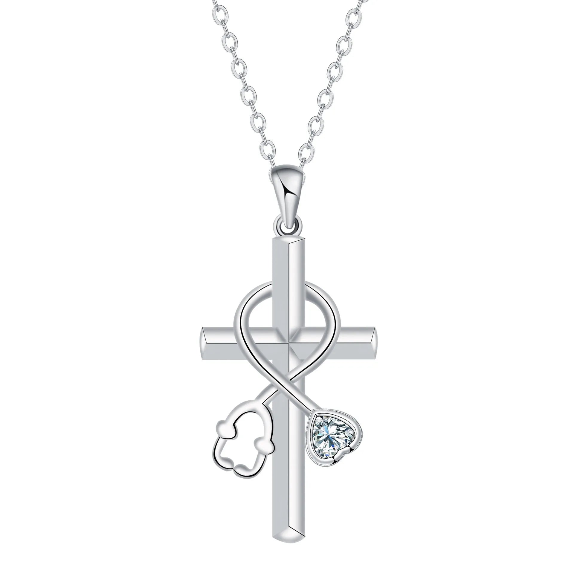 Close-up of a copper stethoscope pendant necklace on a cross chain for medical professionals