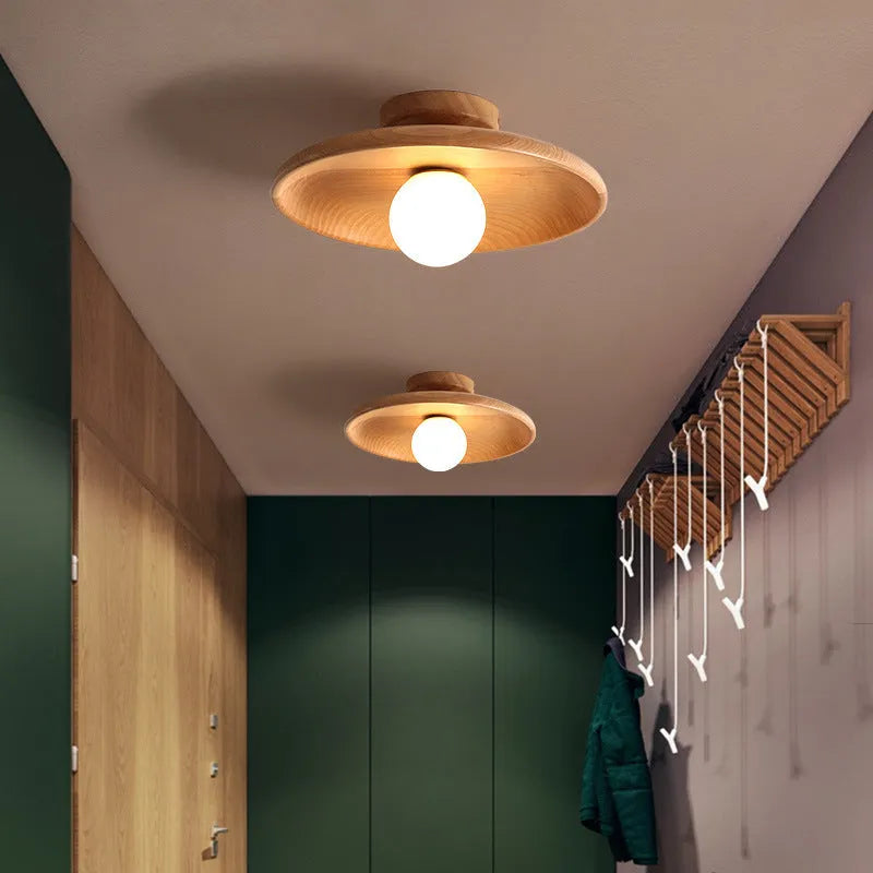 Modern solid wood ceiling lamp with glass shade in wood or walnut finish, available in three sizes.