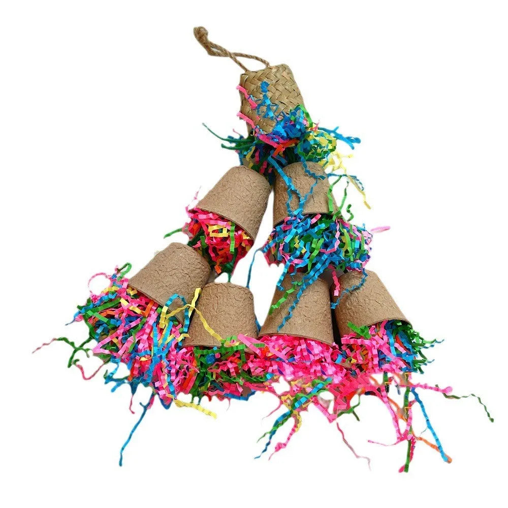 Parrot gnawing toy with paper cup and palm weaving construction hanging at 38cm height