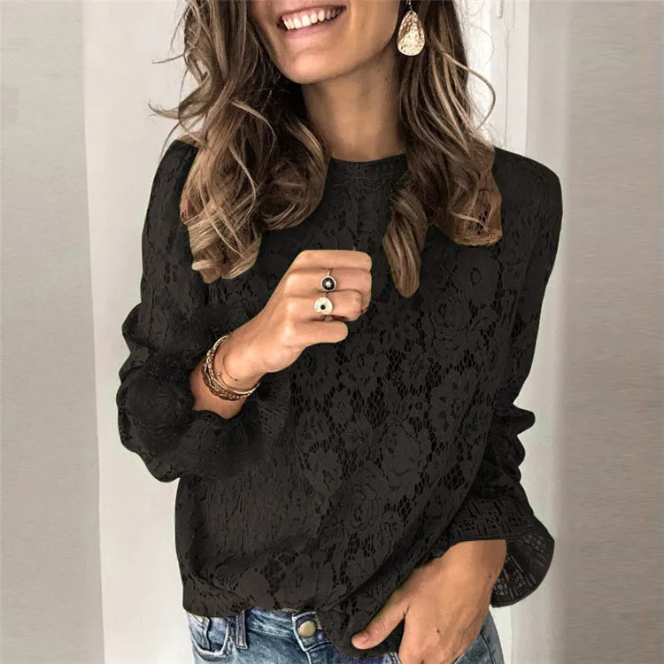 Women's loose-fitting hollow lace shirt in street style with round neck and long sleeves