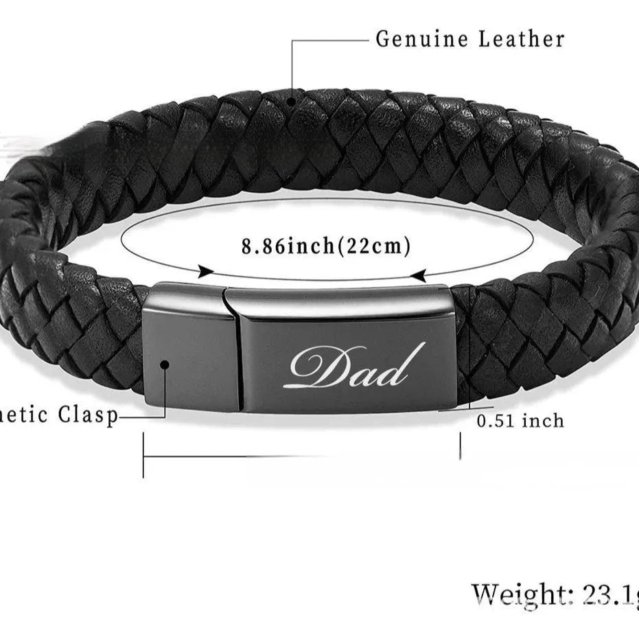 Black stainless steel cinerary casket bracelet with leather elements and English letter design
