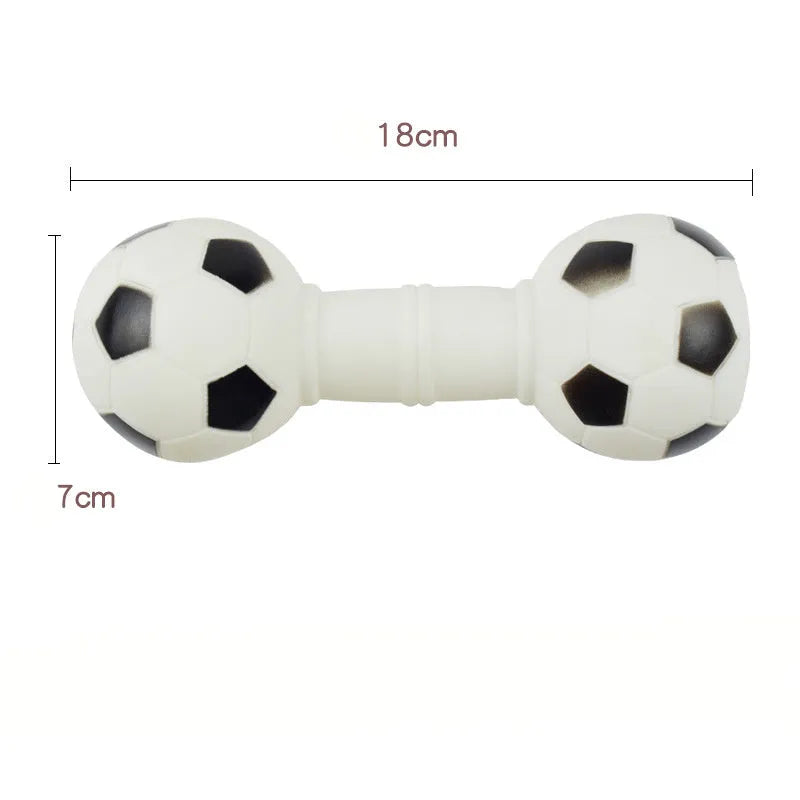 Non-toxic PVC squeaky dog toy shaped like a colourful football dumbbell.