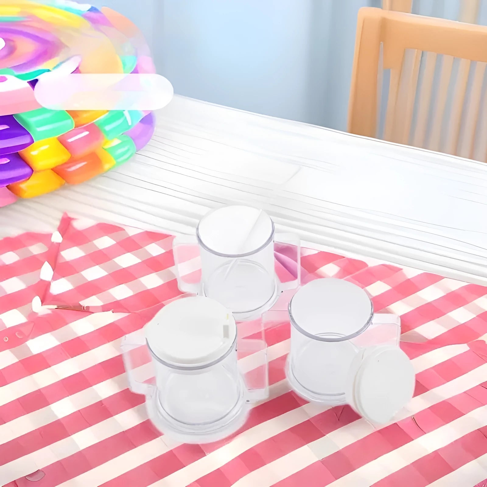 Transparent solid colour spill-proof drinking cup made from lightweight PP material.