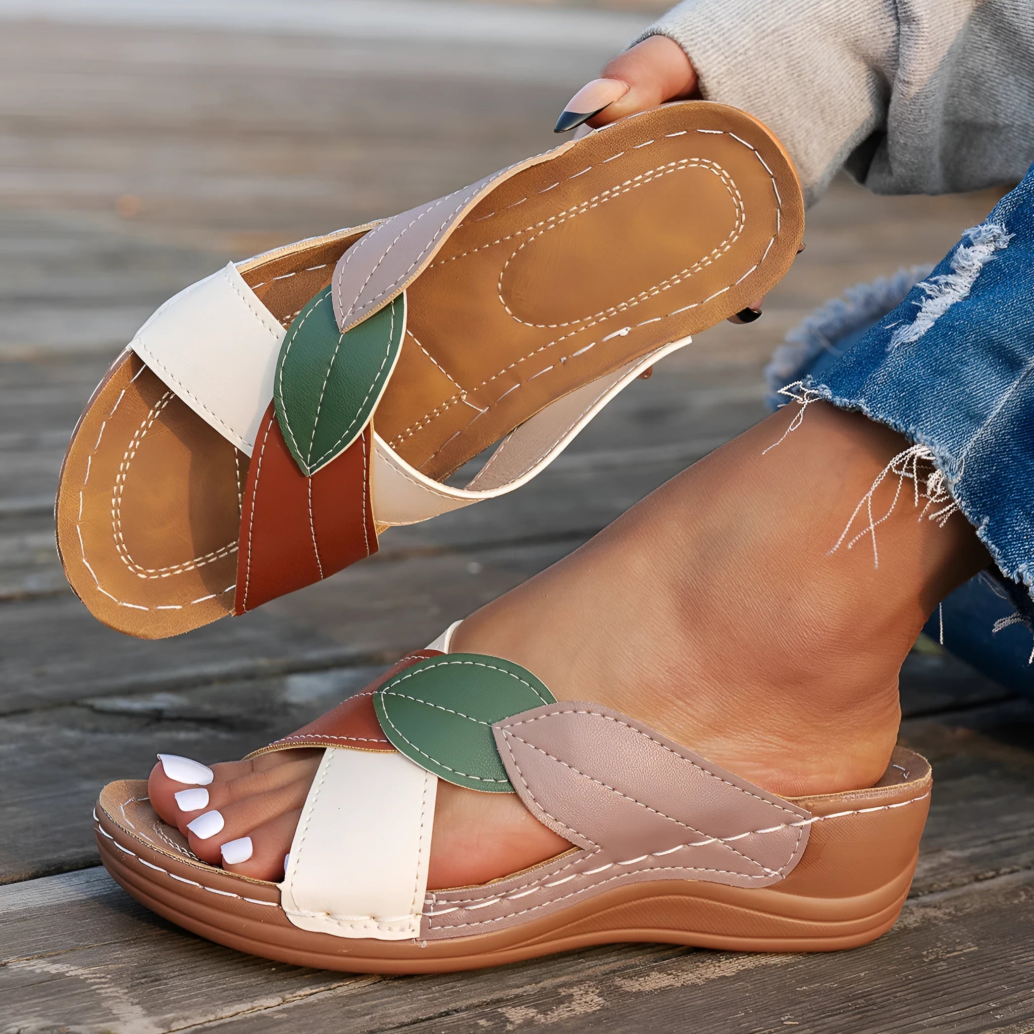 Women's black thick-soled slippers with cross-straps and peep-toe design