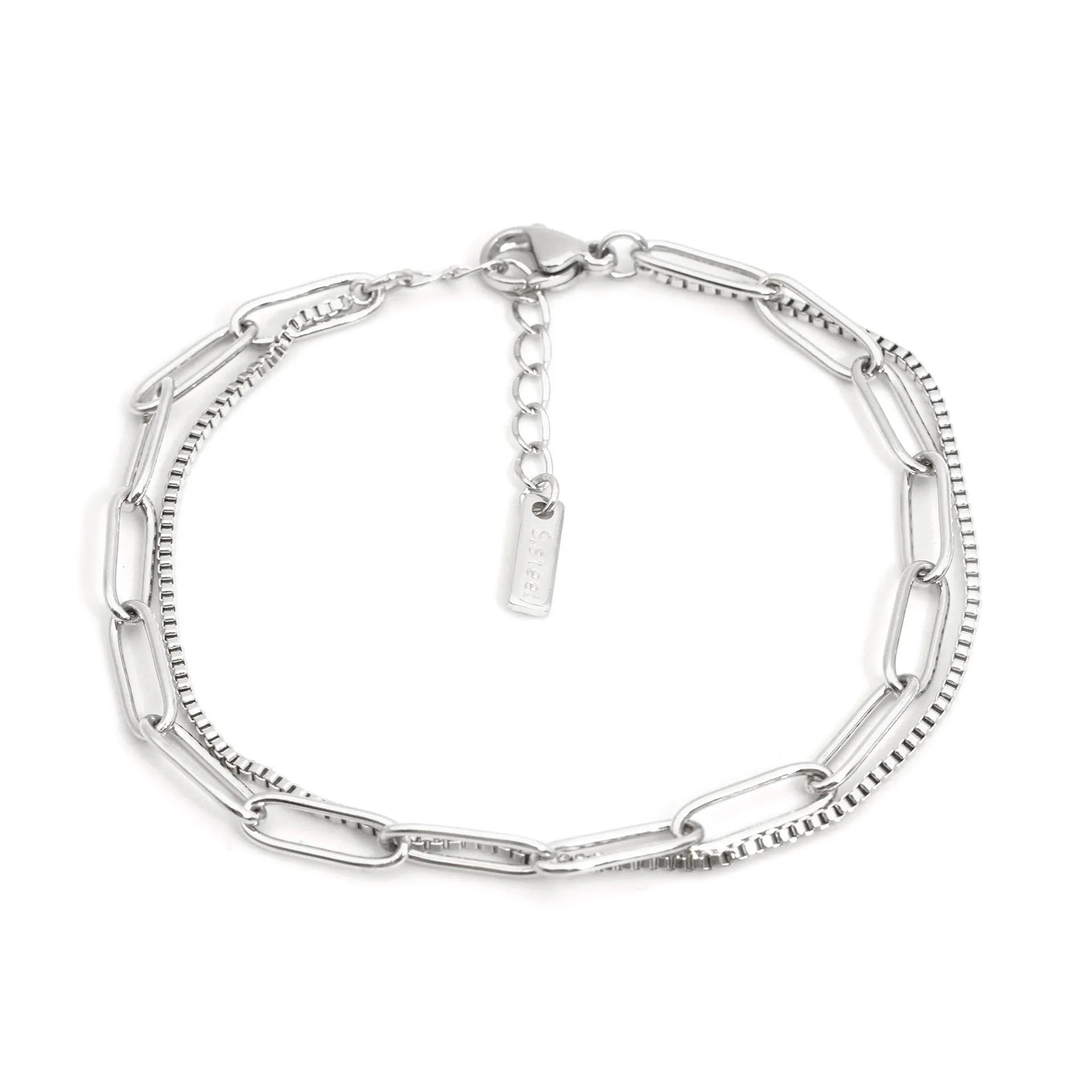 Double-layer titanium steel women's bracelet with geometric shape and linear design elements in gold or silver finish