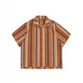 Ethnic style woven Cuban collar shirt with contrasting colours, loose fit, and short sleeves.