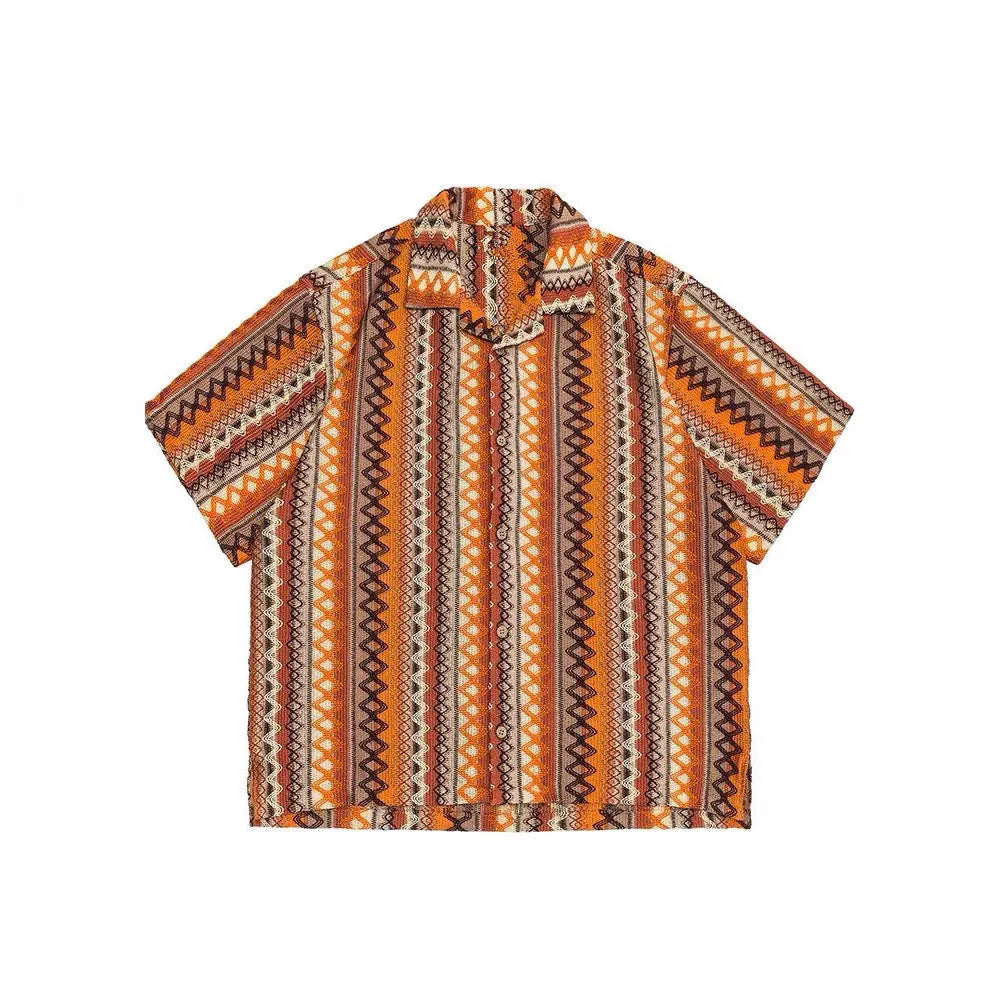 Ethnic style woven Cuban collar shirt with contrasting colours, loose fit, and short sleeves.