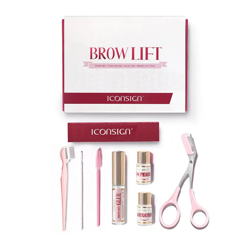 Pink eyebrow perm kit with suit style packaging containing eyebrow scalding and quick ironing tools
