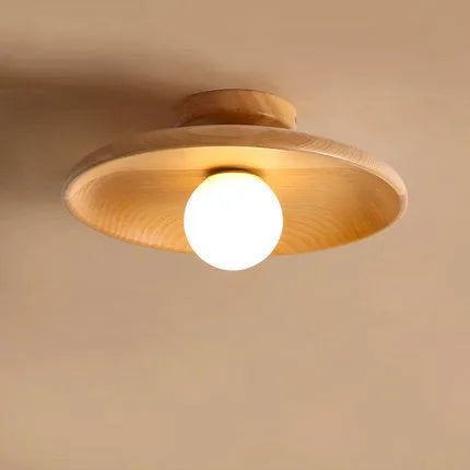 Modern solid wood ceiling lamp with glass shade in wood or walnut finish, available in three sizes.