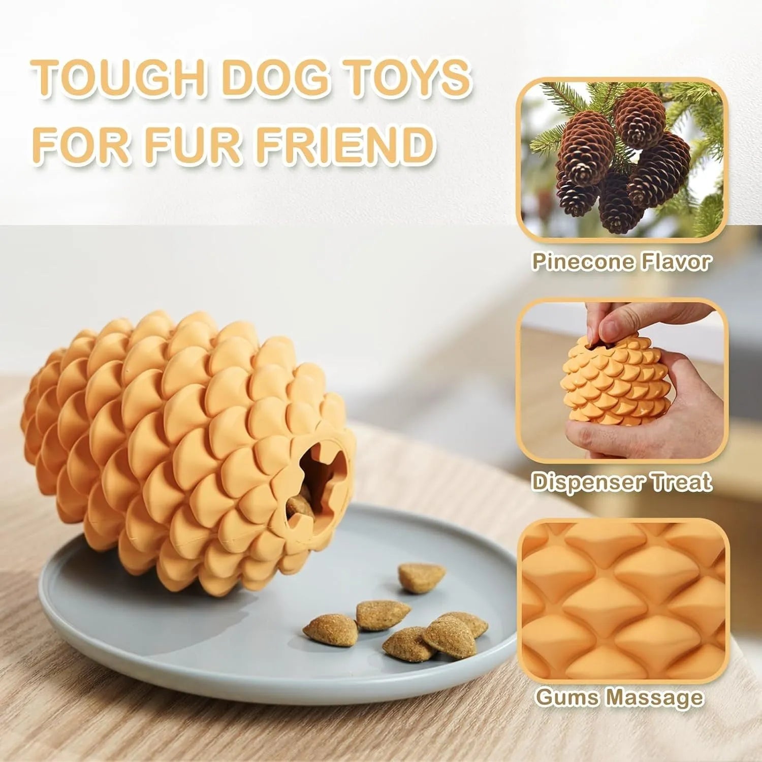 Yellow pine cone-shaped natural rubber dog chew toy with textured surface and treat dispenser hole.