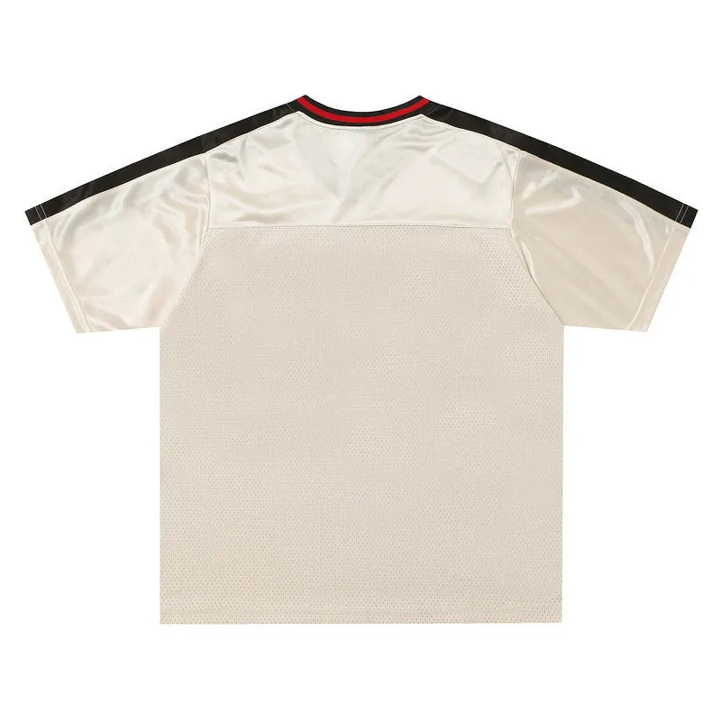 Apricot colour sports V-neck jersey tops with letter patterns, loose fit and drop shoulder sleeves