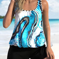 Blue tie-dyed floral women's swimsuit set with matching top and shorts in plus sizes