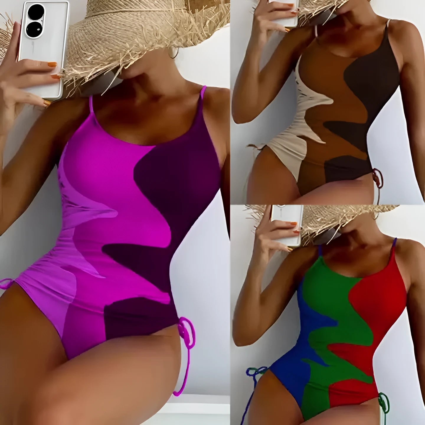 Blue women's sleeveless one-piece swimsuit for swimming sports on a mannequin.